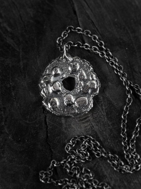 Rough circular silver necklace - sand cast pendant - image 5
