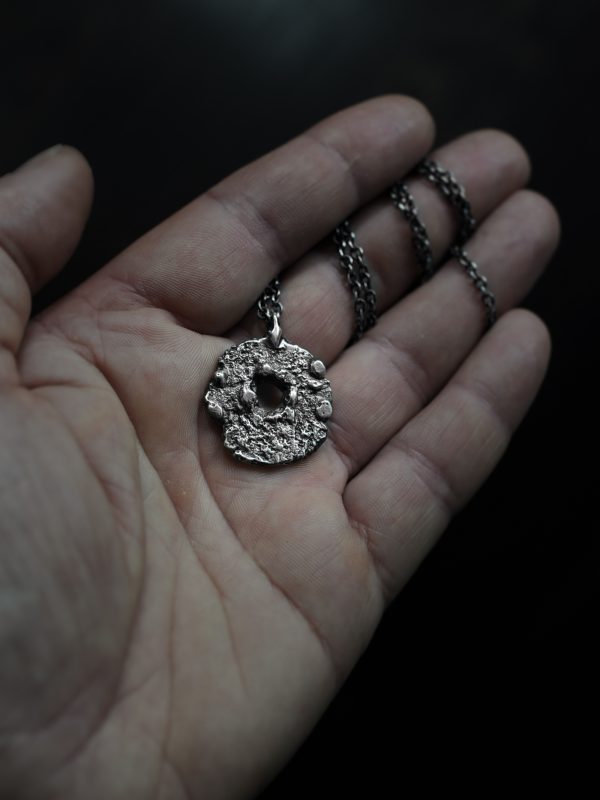 Rough circular silver necklace - sand cast pendant - image 1